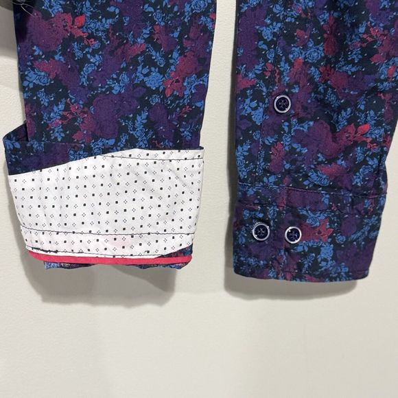 JB Holt Button Down Shirt L Blue Purple Pink Rose Dark Floral Flip Cuff Tailored - Picture 6 of 14
